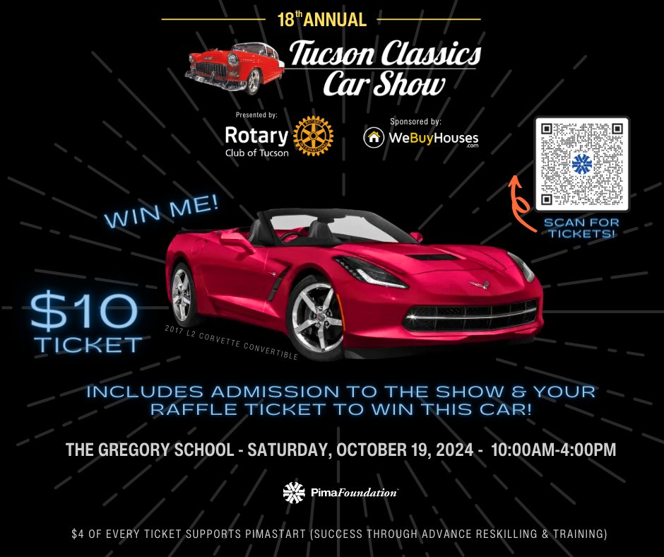 Pima Foundation (@pimafoundation) on Twitter photo Tickets are now available for the 18th annual Tucson Classics Car Show presented by Rotary Club of Tucson!
Your $10 ticket is admission & a chance to win the 2017 Corvette, plus $4 of every ticket supports PimaSTART.
For tickets, visit ow.ly/C9tM50SkWKK
<a href="/pimatweets/">Pima Community College</a> #tucson Tickets are now available for the 18th annual Tucson Classics Car Show presented by Rotary Club of Tucson!
Your $10 ticket is admission & a chance to win the 2017 Corvette, plus $4 of every ticket supports PimaSTART.
For tickets, visit ow.ly/C9tM50SkWKK
<a href="/pimatweets/">Pima Community College</a> #tucson