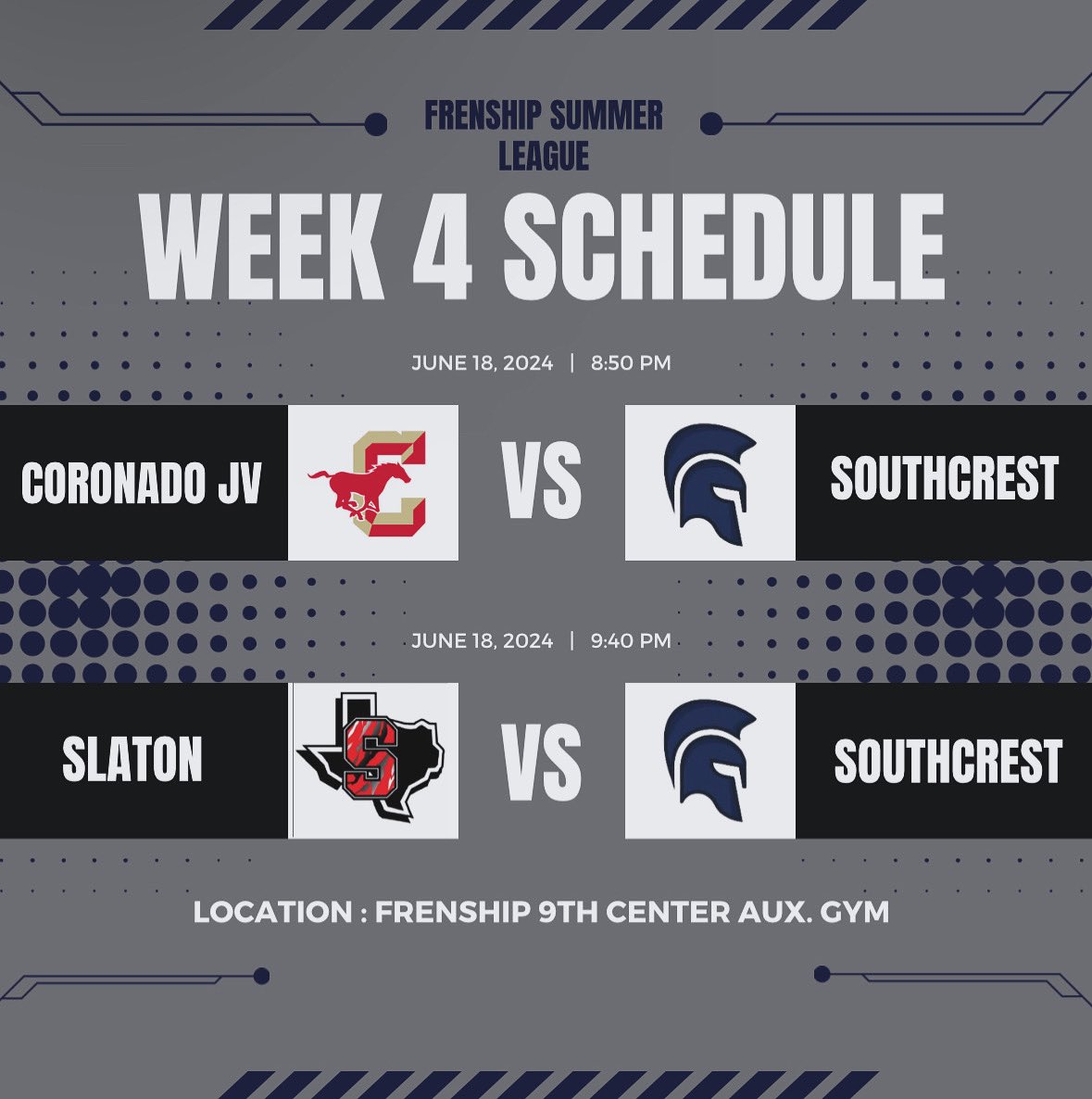 Summer league week 4 is here!! Our varsity guys play tonight at 8:50 versus Coronado JV and at 9:40 versus Slaton!! Come out and support!! 

#southcreststrong #oneteamoneheart #jesusaboveall #greattobeawarrior