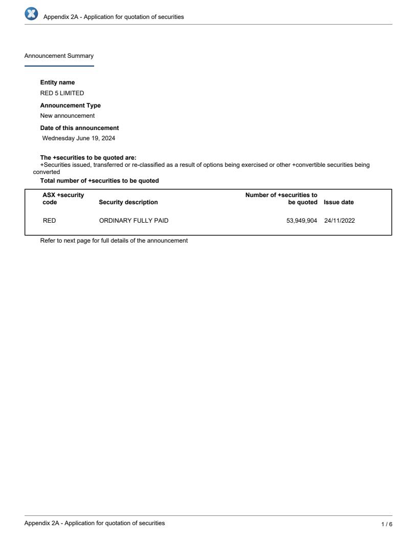 Application for quotation of securities - RED $RED - bit.ly/4c3wjab