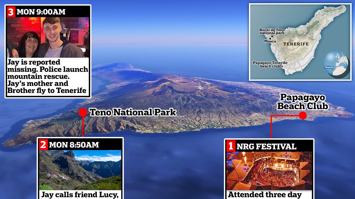 DailyMail's tweet image. Timeline of mystery disappearance of British teen Jay Slater in Tenerife: From the last picture of the 19-year-old on a night out to a text to a friend saying he was lost - before he vanished, sparking a desperate island-wide search trib.al/bFohtbV