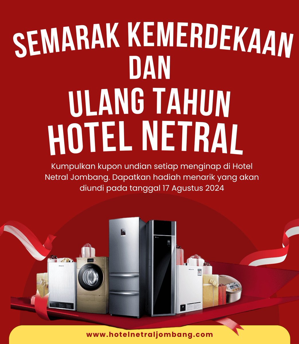 netralhotel's tweet photo. Yuk datang dan menginap di Hotel Netral dapatkan cupon undian Gebyar Ulang Tahun Netral yang akan banyak sekali hadiah yg bisa dimenangkan.... 
Pastikan nomor Hp kalian aktif yaa untuk menghubungi jika kalian beruntung
  #hotelnetraljombang #hoteljombang  #semarakkemerdekaan https://t.co/QqoUn5lumt