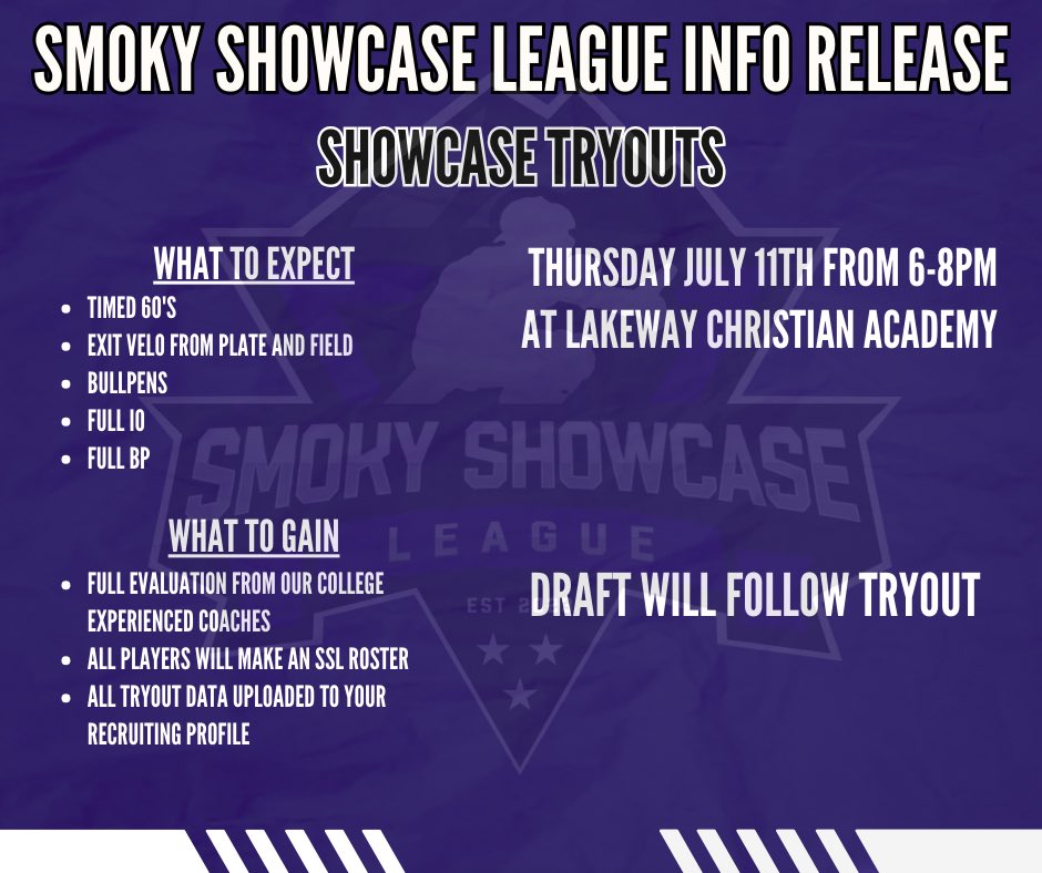 SMOKYSHOWCASE's tweet photo. Before you make plans with your teams for the Fall, check us out! We are back for year two, with new upgrades and ready to get more guys to the next level!

TRYOUTS JULY 11TH FROM 6-8PM AT LAKEWAY CHRISTIAN ON THE TURF! https://t.co/oSKtfonx1H