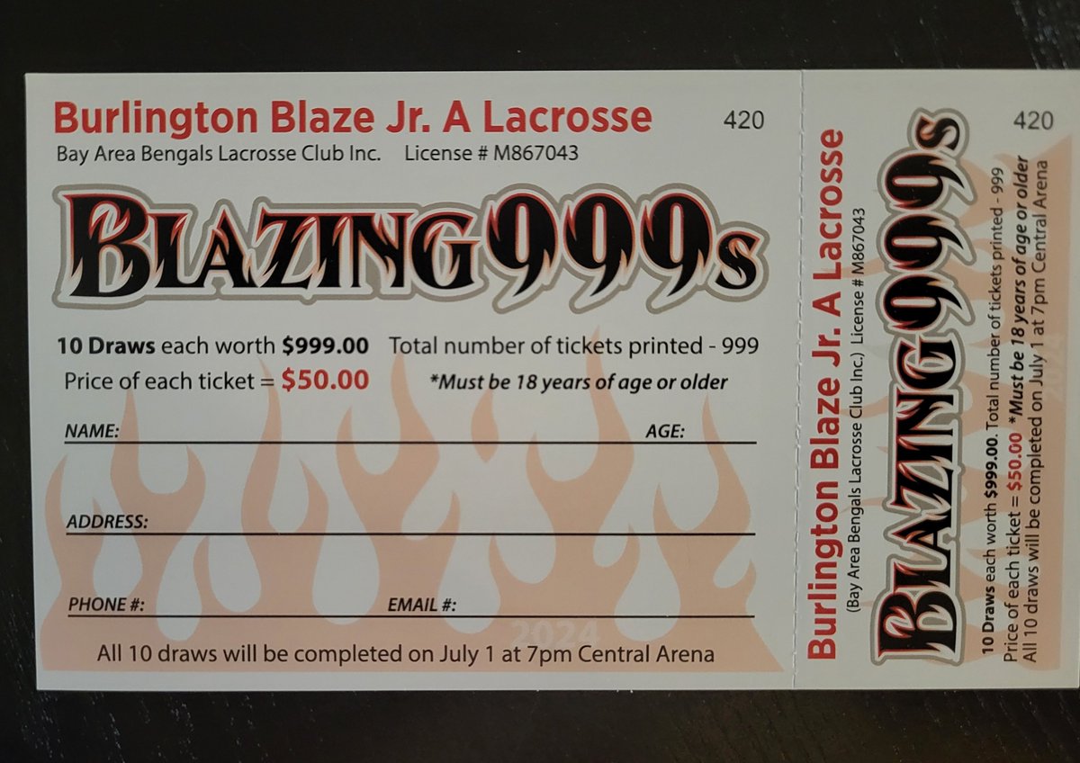 July 1st draw date for the <a href="/burlyjralax/">Burlington Blaze</a> Blazing999s raffle. $50 ticket gives you 10 chances at $999.  Must be a resident of Ontario...let me know if you want a ticket.