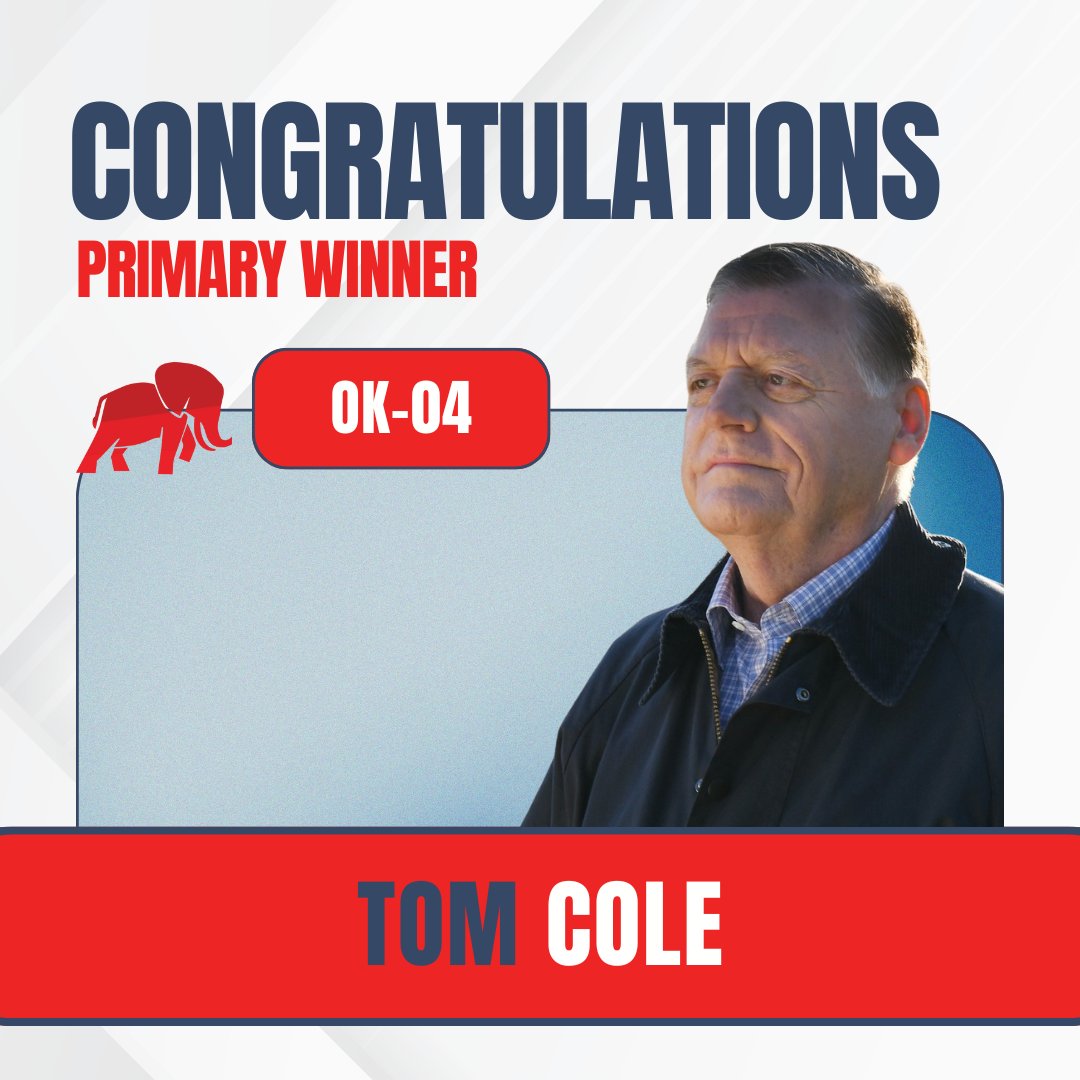 NRCC's tweet image. Congrats to @TomColeOK04 on his primary victory!

As a former State Senator, OK Sec of State, former Chairman of the NRCC &amp;amp; current Chair of the Approps Committee, no one is better suited to fight for this district than Rep. Cole.

We’re confident #OK04 will re-elect Rep. Cole!