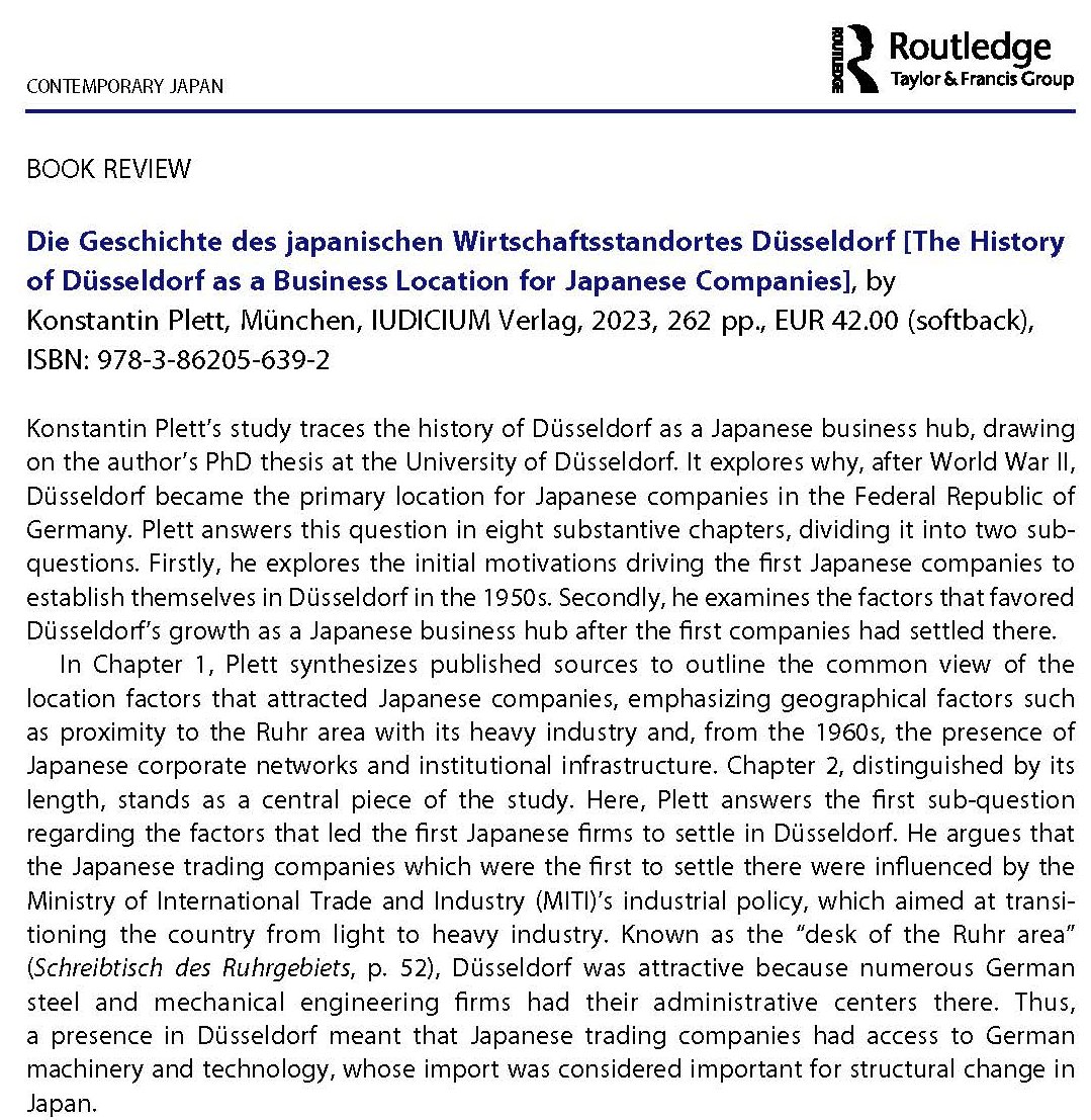 Contemporary Japan (@cj_jrnl) on Twitter photo Jonathan Krautter reviews K. Plett’s History of Düsseldorf as a Business Location for Japanese Companies: examines influences from Düsseldorf’s Office for Economic Development, Rhenish heavy industry, MITI & Japanese diaspora <a href="/japansocsci/">Japan Social Science Research</a> <a href="/Duesseldorf/">Stadt Düsseldorf</a> doi.org/10.1080/186927… Jonathan Krautter reviews K. Plett’s History of Düsseldorf as a Business Location for Japanese Companies: examines influences from Düsseldorf’s Office for Economic Development, Rhenish heavy industry, MITI & Japanese diaspora <a href="/japansocsci/">Japan Social Science Research</a> <a href="/Duesseldorf/">Stadt Düsseldorf</a> doi.org/10.1080/186927…