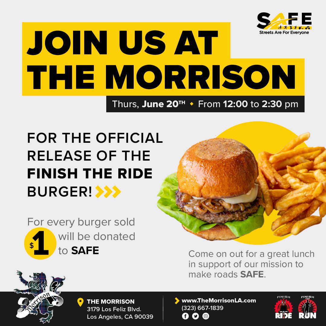 StreetsR4Every1's tweet photo. Come out to the Morrison this Thursday for the official release of the "Finish The Ride" burger! For every burger sold, a donation will be made to SAFE. Come out, enjoy a great lunch, and support the movement for safer streets.
#TheMorrison #burgers #greatfood #fundraiser https://t.co/oMqFnLE6Dz