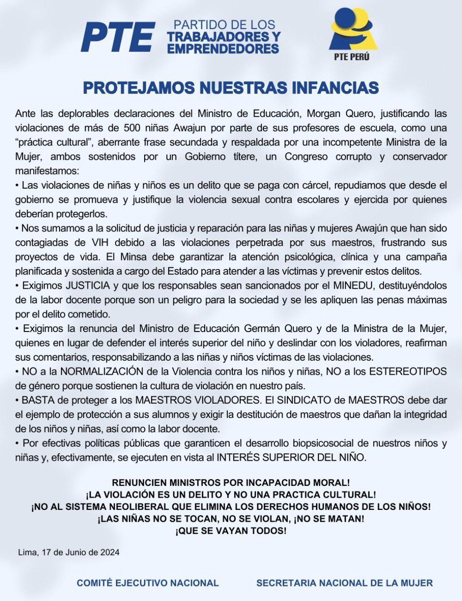 🔵🟡 La Secretaría Nacional de la Mujer y el CEN del PTE, ante la situación de violencia a niñas Awajun y las nefastas declaraciones de los Ministros del Gobierno dictatorial de Dina Boluarte, expresan lo siguiente: