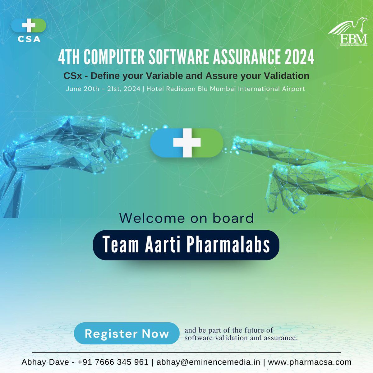 eminence_group9's tweet image. Welcome on board team Aarti Pharmalabs Ltd. (APL)  for the 4th Computer Software Assurance 2024 CSx-Define Your Variable and Assure your Validation scheduled for June 20th-21st, 2024. 
Register today - lnkd.in/dx8FktNu
#ebmcsa2024 #computersoftwareassurance