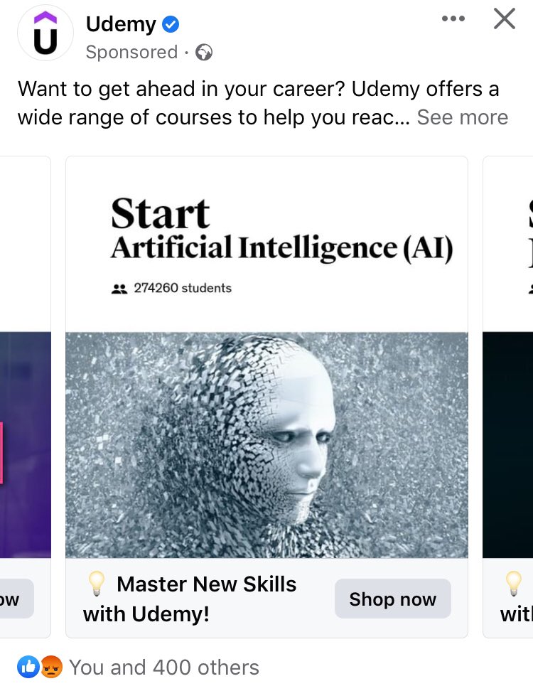Icemanmodeler's tweet image. Same thing with @udemy , just take a look at this trash on FB!
What is there to learn, typing prompts like a child?
#CancelAdobe 
#NoAI #LegislateAI #CreateDontScrape #AIAct #AIPlagiarism #StopAI #BanAI #Adobe #PS #AI