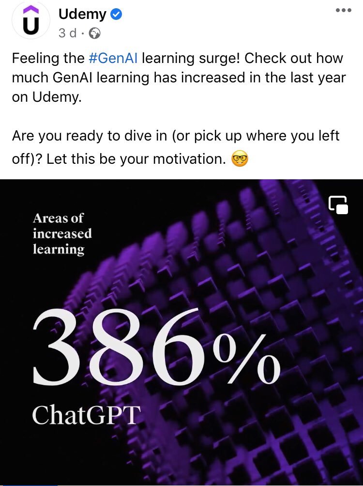 Icemanmodeler's tweet image. More evidence exposing @Udemy they are obsessed with GenAI!!!
Courses on typing prompts like a child and using ChatGPT!
#CancelAdobe 
#NoAI #LegislateAI #CreateDontScrape #AIAct #AIPlagiarism #StopAI #BanAI #Adobe #PS #AI