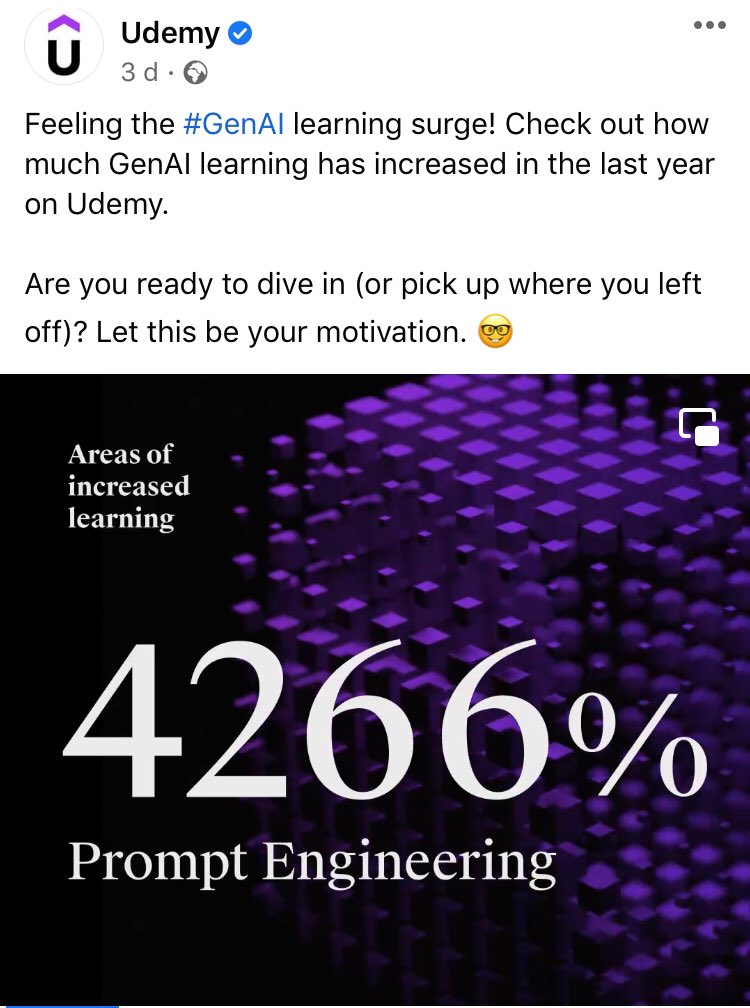 Icemanmodeler's tweet image. More evidence exposing @Udemy they are obsessed with GenAI!!!
Courses on typing prompts like a child and using ChatGPT!
#CancelAdobe 
#NoAI #LegislateAI #CreateDontScrape #AIAct #AIPlagiarism #StopAI #BanAI #Adobe #PS #AI