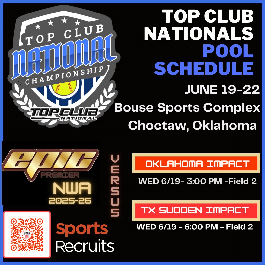 EPIC Premier NWA 2025-26 (@epicpremiernwa) on Twitter photo We are back to work on a Wednesday this week for the Top Club National Championship in Choctaw, OK. Pool schedule is below and before double elimination bracket gets started on Thursday.
<a href="/TCNfastpitch/">Top Club National Fastpitch Events</a>
<a href="/Sports_Recruits/">SportsRecruits</a>
#BeEPIC We are back to work on a Wednesday this week for the Top Club National Championship in Choctaw, OK. Pool schedule is below and before double elimination bracket gets started on Thursday.
<a href="/TCNfastpitch/">Top Club National Fastpitch Events</a>
<a href="/Sports_Recruits/">SportsRecruits</a>
#BeEPIC