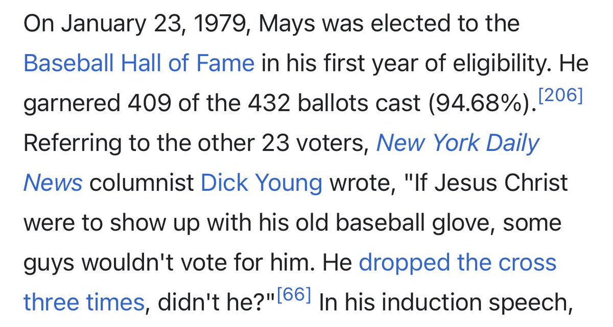 On Willie Mays, who 5% of baseball writers found an excuse not to vote for in his first year of Hall of Fame eligibility: