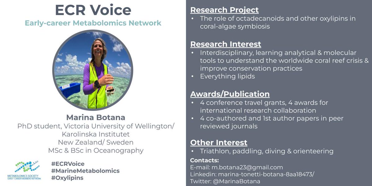 EMN Metabolomics Society (@emn_metsoc) on Twitter photo Introducing Marina for #ECRVoices
<a href="/MarinaBotana/">Marina Tonetti Botana</a> is working on #MarineMetabolomics and she is based in Wellington, New Zealand 🇳🇿. Marina is one of the EMN Travel Grant winners and she will present her work on coral-algae symbiosis at 10:45 AM Introducing Marina for #ECRVoices
<a href="/MarinaBotana/">Marina Tonetti Botana</a> is working on #MarineMetabolomics and she is based in Wellington, New Zealand 🇳🇿. Marina is one of the EMN Travel Grant winners and she will present her work on coral-algae symbiosis at 10:45 AM