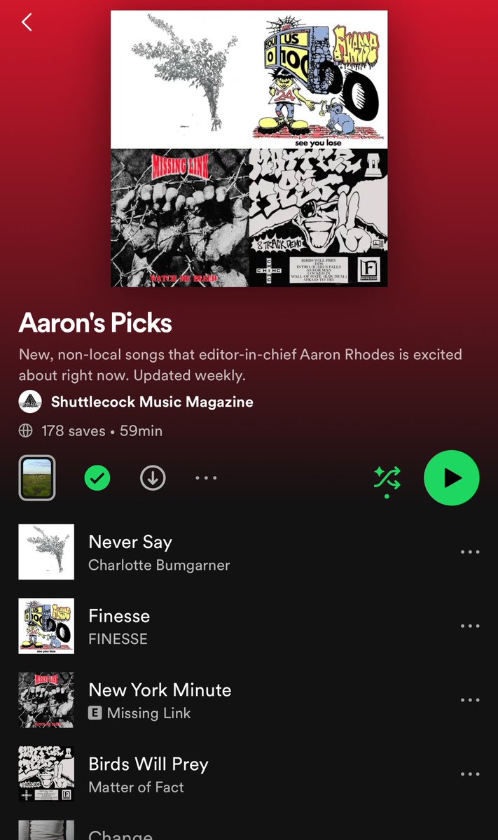 Shuttlecock (@shuttlecockmag) on Twitter photo Playlist update ft. Charlotte Bumgarner, Missing Link, Finesse, Matter Of Fact, and Enumclaw. open.spotify.com/playlist/28rcQ… Playlist update ft. Charlotte Bumgarner, Missing Link, Finesse, Matter Of Fact, and Enumclaw. open.spotify.com/playlist/28rcQ…