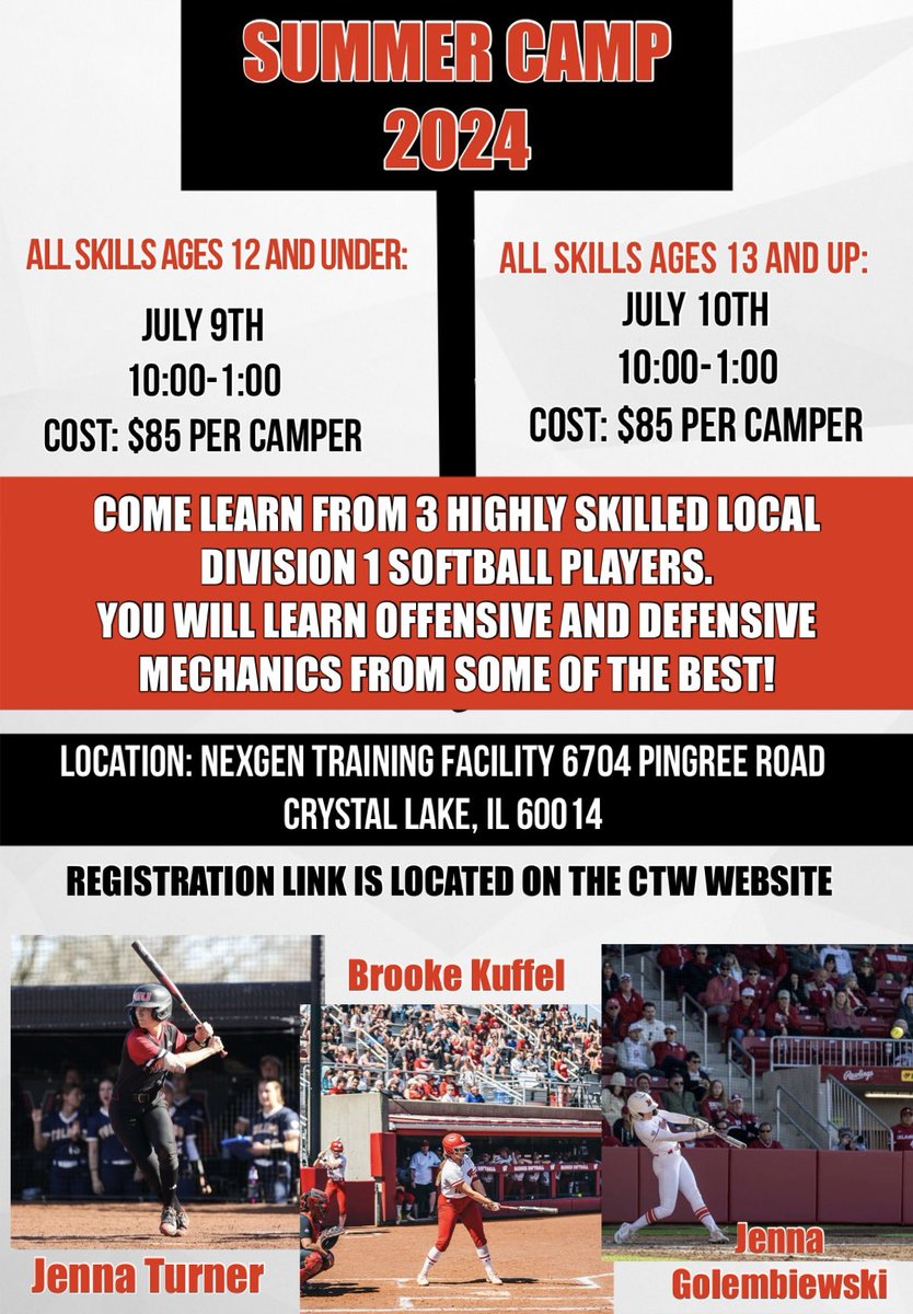 Sign up for camp in July and get to work with multiple Division 1 Softball players! 

Open to everyone!

sign up on the CTW page or use the links below!😊

12 and under sign up sheet:
forms.gle/QGs5r4CbLU527Z…

13 and up sign up sheet:
forms.gle/atoJ8LR4cdvyH2…