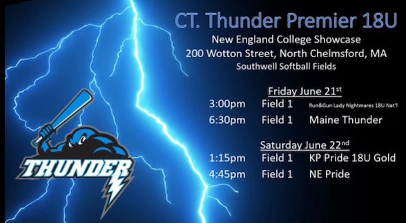 So excited to be back with my travel team this weekend in Mass! Here’s our schedule for this weekend! I will also be playing in the all star game on 6/20 at 6 pm on team 5!
<a href="/CTThunderFastp1/">@CTThunderFastpitch</a>