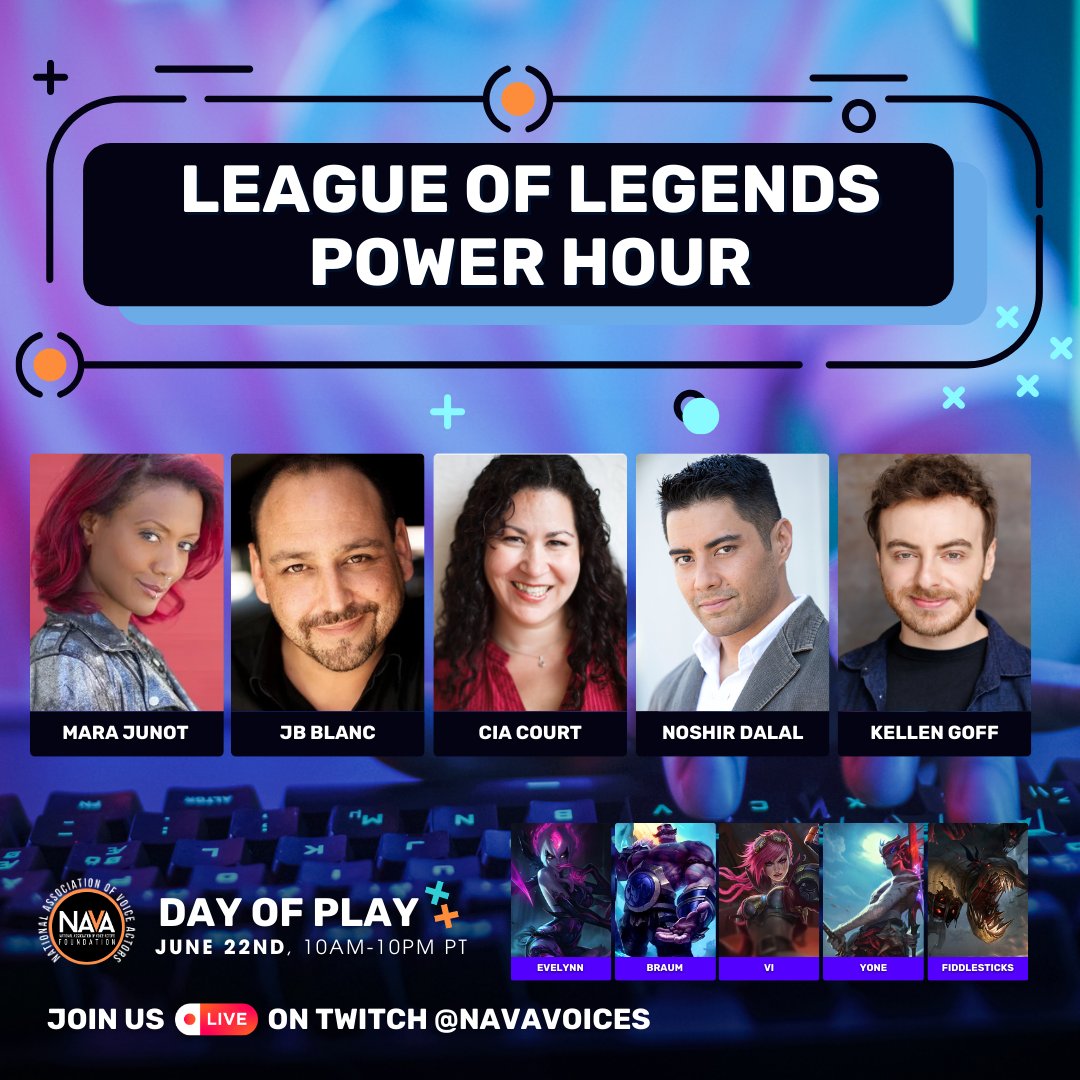 So absolutely PUMPED to be a guest on NAVA's Day of Play day-long stream with some of the kindest and best in the VO biz!!

THIS SATURDAY, June 22nd at 5p PST for #Valorant and 7p PST for #LeagueOfLegends!

twitch.tv/navavoices