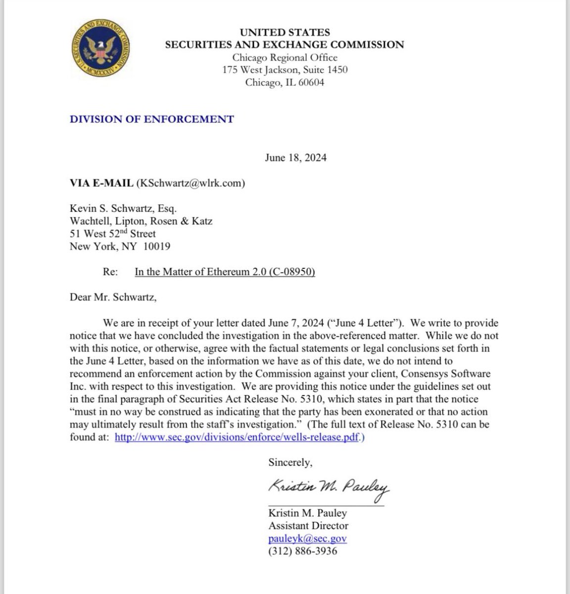 Ethereum’s second free pass from the SEC almost exactly 6 years after the Hinman free speech. 

Ethereum’s and Ripple’s different treatment will forever show how arbitrary the SEC has been in crypto.