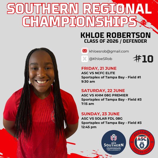KhloeSRob's tweet image. Packing my suitcase for the @USYouthSoccer Southern Regional Championships in Tampa, FL! I’m so excited and hope to see you there!!! 👊🏽🧳⚽️
@ImYouthSoccer @ImCollegeSoccer @SoccerMomInt @TopDrawerSoccer @TheSoccerWire @AllianceSC_08G @jtownsoccer @NEGARecruits @onlyGplatform