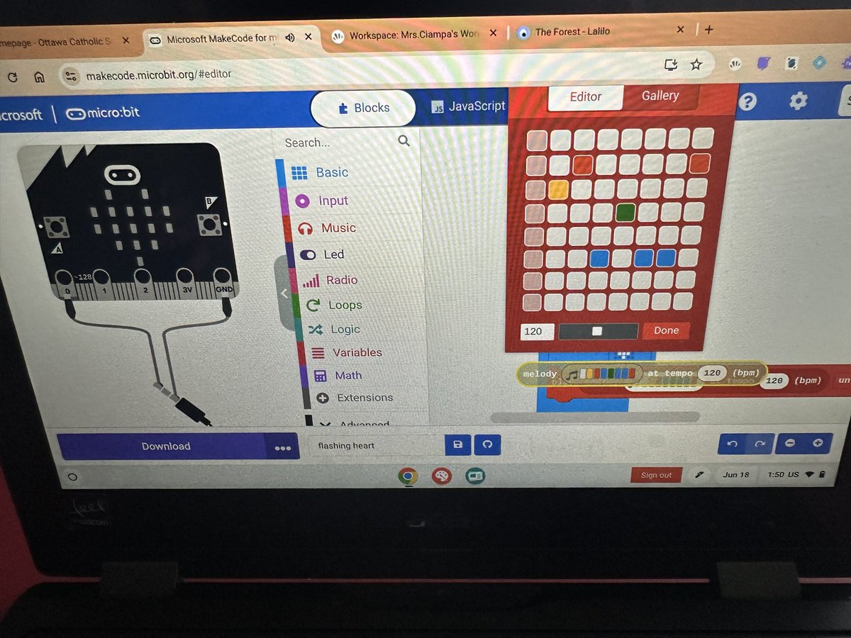 MrsCiampaClass's tweet image. Our code challenge for today: create a flashing heart and add a melody or sound to match. This was such a fun way to combine @microbit_edu and music 🎶 to our room. #ocsbCodes #ocsbArts @StEmilyOCSB