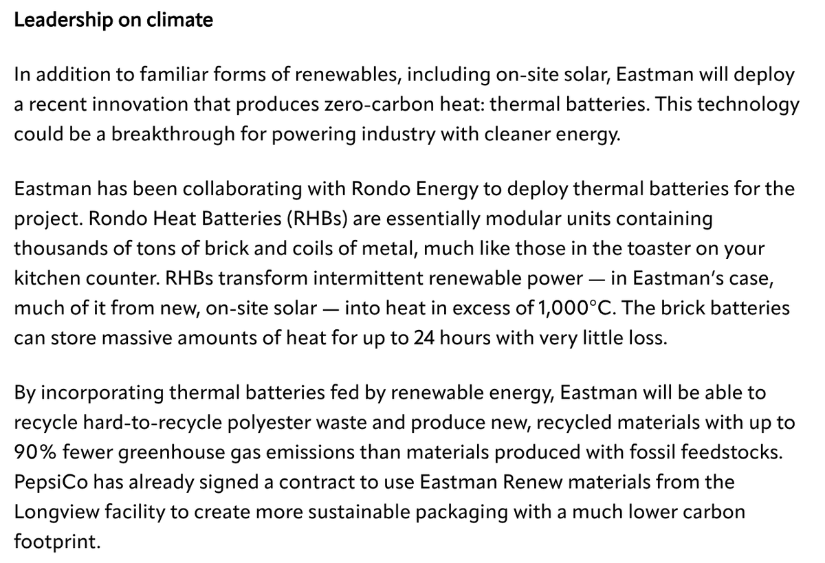 Exciting news: @RondoEnergy &amp; Eastman will partner to deploy thermal batteries to supply decarbonized process heat at Eastman's molecular recycling facility in Longview, Texas. eastman.com/en/media-cente…

The project is supported by an award of up to $375M from the Dept of @Energy's