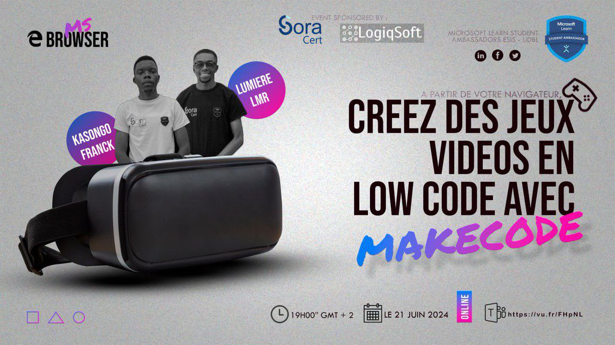 MLSA_ESIS_UDBL's tweet photo. Rejoignez-nous le 21 juin pour découvrir Microsoft MakeCode🧩 ! Que vous soyez débutant ou confirmé🎮, plongez dans l’univers de la programmation et de la création de jeux vidéo🕹.

🗓Vend. 21 juin, 19h-20h (GMT+02:00)

🔗 Link : https://t.co/9QcyMMv734

#gaming #MakeCode #Build https://t.co/crciqAjItc