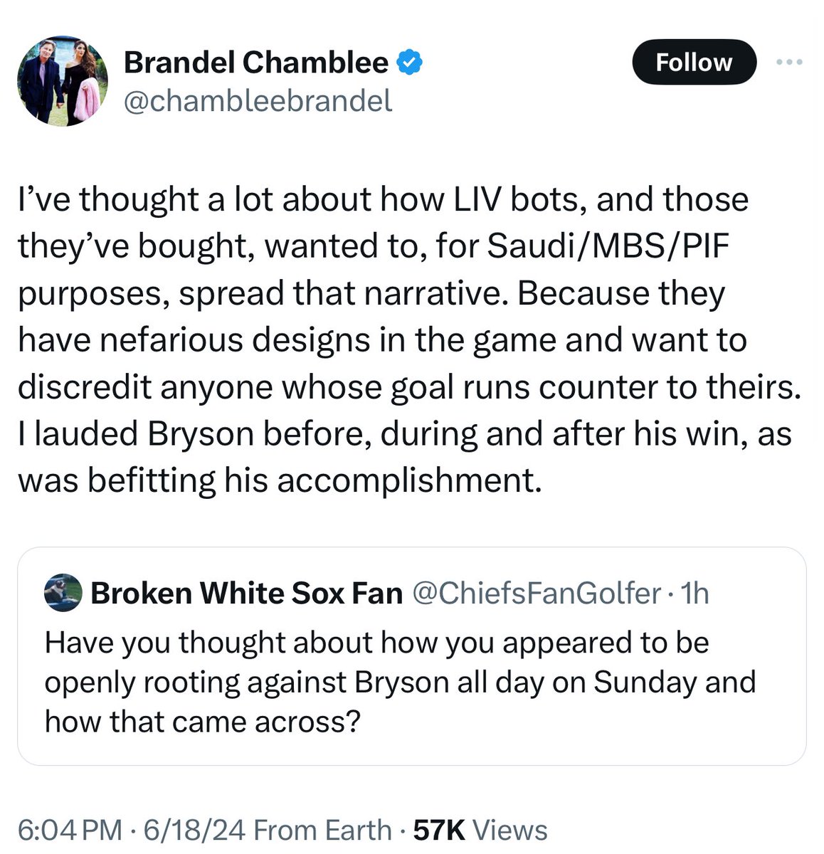 ProGolfCritic's tweet photo. Hey @chambleebrandel I know how you like to push this #LIVBot narrative. I want you to know that it’s dehumanizing & none of us #LIVGolf supporters like it, thx. If you want to talk to us directly to show you we’re REAL people, happy to arrange that. My suggestion to you is to spend less time being a judgmental bigot, and more time getting to know LIV and the people that support it. It will help shape your understanding and maybe change your stance. But you won’t because it would destroy your narrative since we all know who pays for your loyalty. I, on the other hand (and many more of us) are unpaid, passionate golf fans and LIV has given us a rooting interest that we never had before. Happy to go into more detail. @GolfChannel @livgolf_league