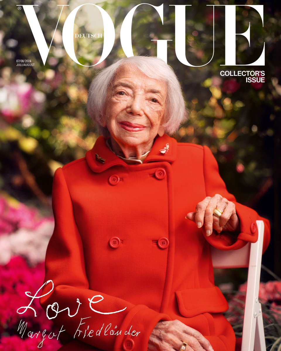 DavidSaranga's tweet image. 102-year-old Holocaust survivor Margot Friedländer is featured on the June 2024 cover of Vogue Magazine.

Born and raised in Berlin, she was forced to go into hiding when her mother and brother were arrested by the Gestapo in 1943. She was captured in April 1944 and deported to…
