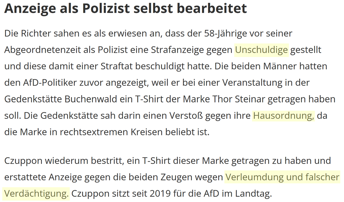 Der Thüringer AfD Landtagsabgeordnete Torsten Czuppon wurde zu einer Strafe von 30.000€ verurteilt weil er als Polizist eine selbst gestellt Anzeige gegen "Unschuldige" Verleumder bearbeitet hat.

Welches Gesetz bricht man beim Besuch eines KZ mit der "falschen" Kleidermarke?