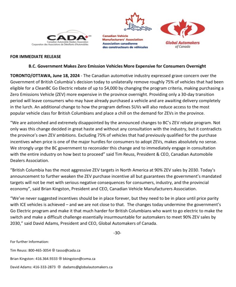 What government wants all consumers driving EVs on the most aggressive timeline in North America but just removed purchase incentive on 75% of eligible models  - overnight?  

See our release to find out👇🏻👇🏻👇🏻