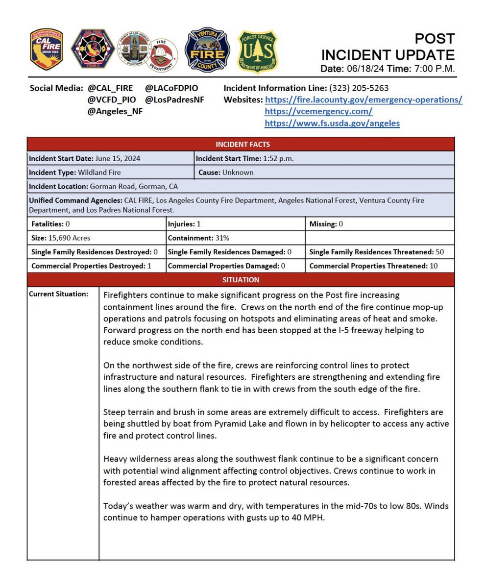 EsselingFire's tweet photo. #PostFire PM Incident Update 6/18/24 https://t.co/SVzkxBsOkj