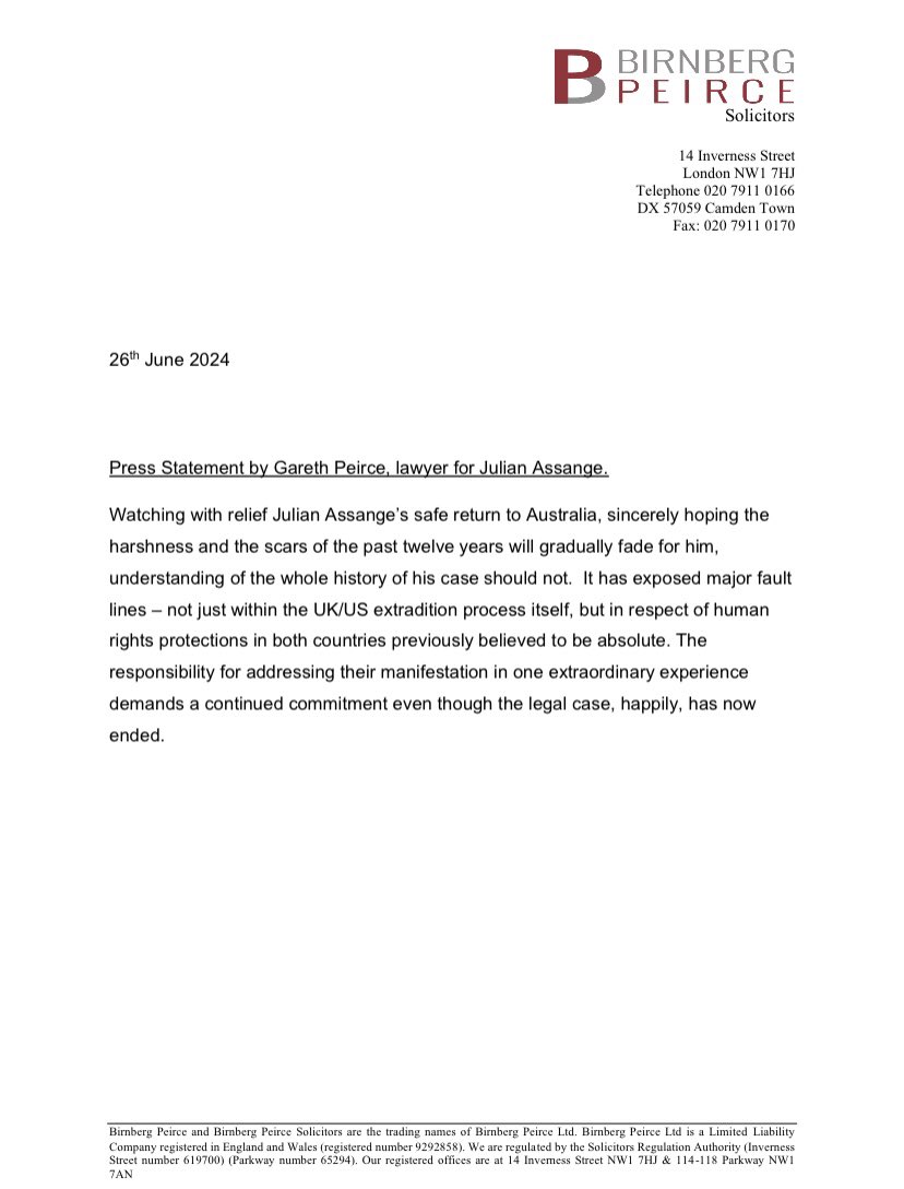 Birnberg Peirce statement on Julian Assange release: