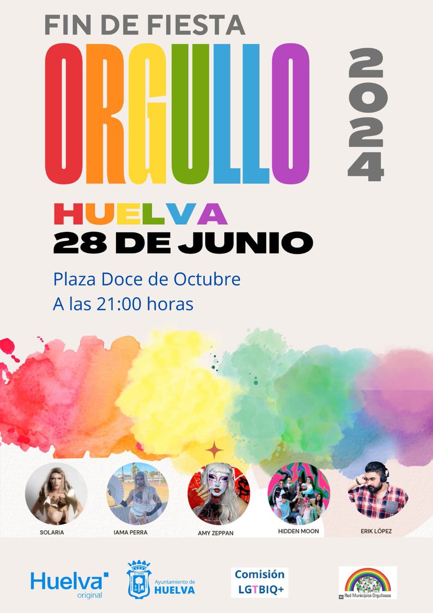 🎊🏳️‍🌈La Plaza Doce de Octubre acogerá el próximo 28 de junio la fiesta que pondrá el broche final a los actos conmemorativos del #DíadelOrgullo en #Huelva🌈

⏰A las 21.00 horas.