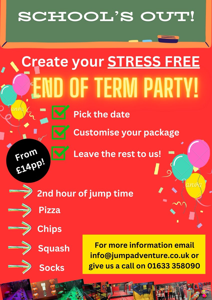 📷 Schools out!
Create your STRESS FREE end of term party today! 📷
For more information:
Email: info@jumpadventure.co.uk📷
Phone: 01633 358090📷

#newport #gwent #schools #newportschools #cardiffschools #caerphilly #cwmbran #cardiff #endofterm #footballteam #youthbooking #scouts