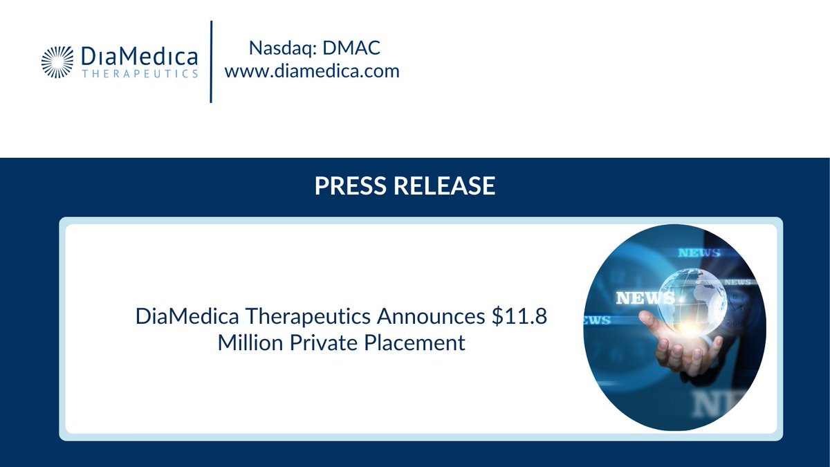 diamedica's tweet photo. DiaMedica Therapeutics announces a successful $11.8 million private placement. Find all the details here on our latest press release: https://t.co/F0sJrihILg
Stay tuned for more updates! 🌟💼📈
#DiaMedica #BusinessUpdate #PrivatePlacement $DMAC https://t.co/ibuIZGAzF3