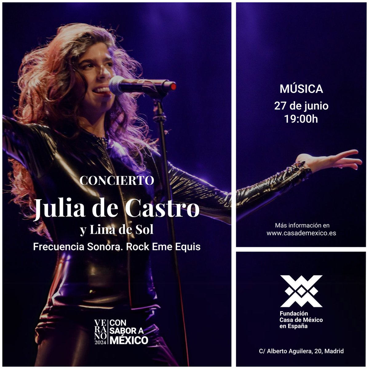 Para este verano, en Casa de México en España tenemos una agenda de conciertos insuperables !y todos gratuitos!

Empezamos este 27 de junio con Julia de Castro, acompañada por Lina de Sol, a partir de las 19:00h, en el ciclo Frecuencia Sonora. Rock Eme Equis.

ENTRADAS AGOTADAS