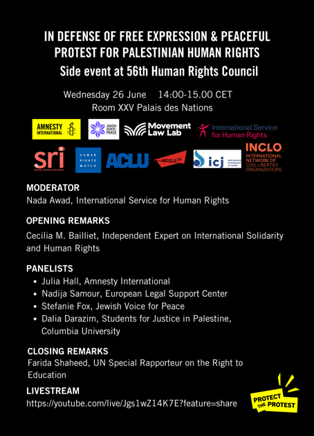 Join our side event at #HRC56 on defense of free expression &amp; peaceful protest for Palestinian human rights <a href="/ISHRglobal/">ISHR</a> <a href="/hrw/">Human Rights Watch</a> <a href="/INCLOnet/">INCLO</a> <a href="/ACLU/">ACLU</a> <a href="/SexualRights/">Sexual Rights Initiative</a> <a href="/jvplive/">Jewish Voice for Peace</a> <a href="/article19org/">ARTICLE 19</a> <a href="/ICJ_org/">ICJ</a> <a href="/MovementLawLab/">Movement Law Lab</a> Watch here: youtube.com/live/Jgs1wZ14K…