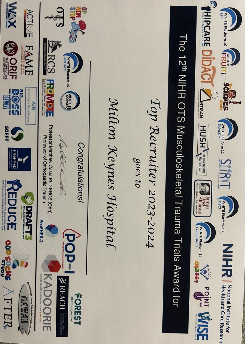 Fantastic achievement to win the Top Recruiter category at the 12th NIHR OTS Musculoskeletal Trauma Trials Awards! Great collaboration between research and clinical teams👏🏻👏🏻🥳<a href="/MKHospital/">Milton Keynes University Hospital NHS FT</a> @NIHRCRN_tvsm <a href="/LouiseMew/">Louise Mew</a> <a href="/TeenaBabu/">Teena Babu</a>
