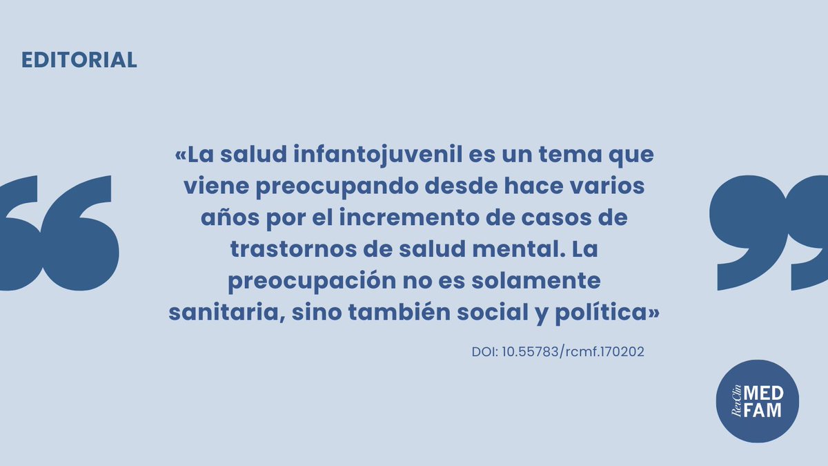 EDITORIAL - JUNIO 2024

🔘La salud mental infantojuvenil en Atención Primaria. El relato de este siglo

Luz de Myotanh Vázquez
<a href="/marciaguitian/">Marcia Guitián</a> 
<a href="/semfyc/">semFYC</a> 

➡️➡️revclinmedfam.com/article/la-sal…