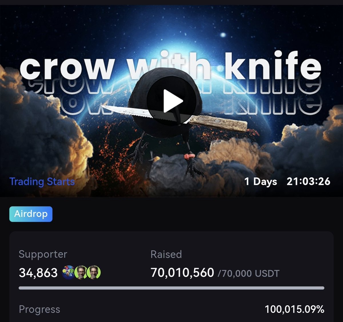 MMeisseli's tweet photo. 🚀 Incredible news, @crow_with_knife community! We've surpassed the 70 million mark in @gate_io, achieving 100,000% of our goal in less than 7 hours! This phenomenal milestone propels us forward with unmatched momentum. Thank you for your unwavering support! 🔥 #CryptoNews 🐦‍⬛🔪 https://t.co/eQQxtGHvMc