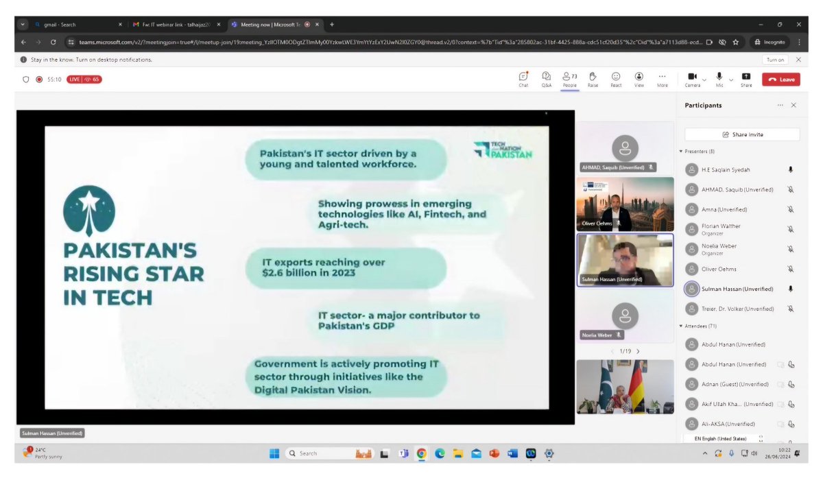 Amb Saqlain Syedah attended a webinar  jointly organised by <a href="/DIHK_News/">DIHK</a>, <a href="/AHKuae/">AHKuae</a> &amp; <a href="/tdap_official/">Trade Development Authority of Pakistan (TDAP)</a>, titled "Unlocking  IT Business Opportunities in Pakistan".
Discussed opportunities presented by the IT sector in 🇵🇰  &amp; possible areas of  collaboration with 🇩🇪  in this regard.