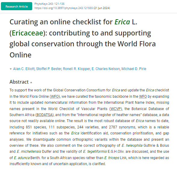 PhytoKeys's tweet image. Curating the most comprehensive online checklist for the Erica genus, researchers update global taxonomic data, aiding #conservation efforts by incorporating diverse sources into @TheWorldFlora.

🔗 doi.org/10.3897/phytok…   

#Ericaceae