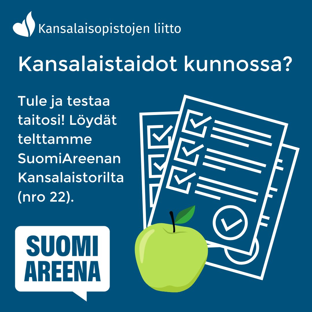 Kutsumme Sinut teltallemme (nro 22) SuomiAreenan kansalaistorille torstaina 27.6. klo 10–17 tai perjantaina 28.6. klo 10–15. Voit osallistua teltallamme kansalaistaitovisaan. Jokainen osallistuja palkitaan, joten muistathan tulla meitä tervehtimään! #SuomiAreena #kansalaistaidot