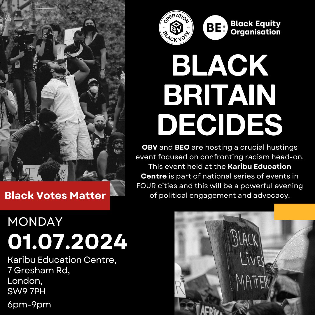 OpBlackVote's tweet photo. Brixton: 1st July 2024 @KaribuCentre Let them know we exist. Race has fallen off the political agenda. Sometimes we need to pop out and show politicians. All candidates are invited only one has confirmed as attending  @BellRibeiroAddy  @BrixtonBlog @BlackEquityOrg @TheVoiceNews https://t.co/v1AJmcw55P