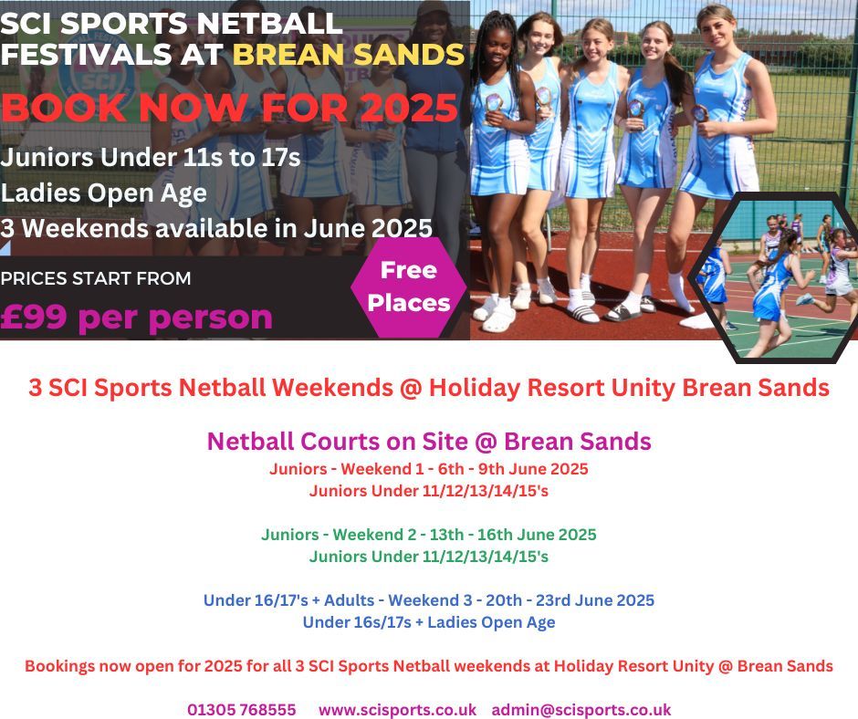 sci_netball's tweet image. Join us for the 2025 SCI Sports Netball Festivals at Brean Sands, Somerset! 🏐✨

6-9 June U11to15
13-16 June U11to15
20-23 June U16/17 &amp;amp; Ladies Open Age

Book now at paul@scievents.co.uk or buff.ly/44SzPRW

#Netball #NetballFestival #NetballWeekend #Netball2025
