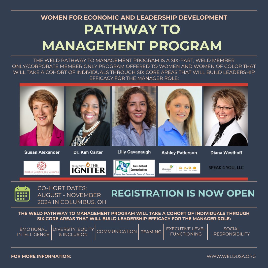 The WELD Pathway to Management Program is a six-part series for WELD and corporate members, aimed at women and women of color. It covers six core areas to boost leadership skills for management roles.

Learn more &amp; register: ow.ly/r5vl50SpH8z