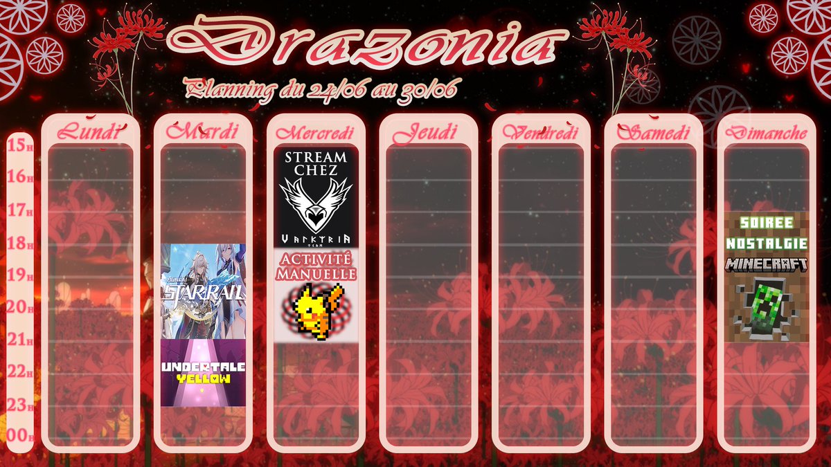 Drazoniaa's tweet image. Putain j'ai tellement du ping dans le cerveau que j'avais pas capté que j'ai oublié de poster mon planning de cette semaine 🥲 

J'ai pas mal de trucs à faire cettee semaine du coup peu de jours de stream déso 😟

@TwitchFR #streameur #streameuse