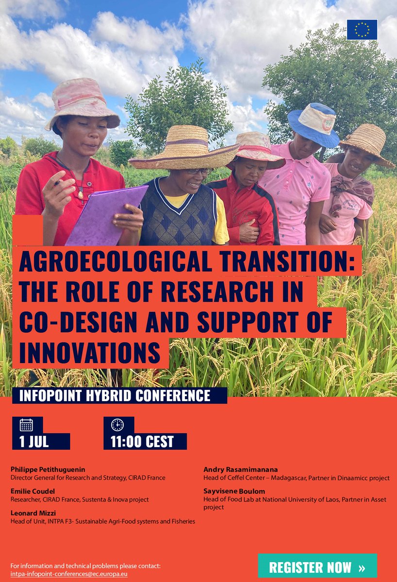 #Agroecological Transition: The Role of #Research in Co-Design and Support of Innovations".

At this InfoPoint, #CIRAD &amp; its partners will be sharing their experiences &amp; the first lessons drawn from three #DeSIRA projects.

👉 …ternational-partnerships.ec.europa.eu/news-and-event…