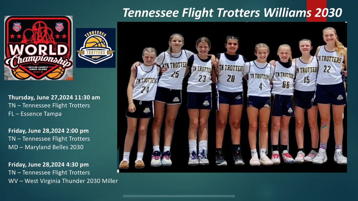 Our 2030 team will be in action this weekend at the AAU World Championship in Ohio!! Here is their schedule for pool play. 
<a href="/LadyTrotters/">TN Flight Trotters</a>